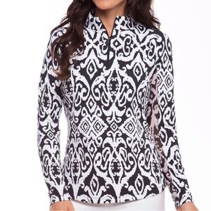 IBKUL Doreen Print Long Sleeve Zip Mock Neck Black White Mesh SPF Women’s Large
